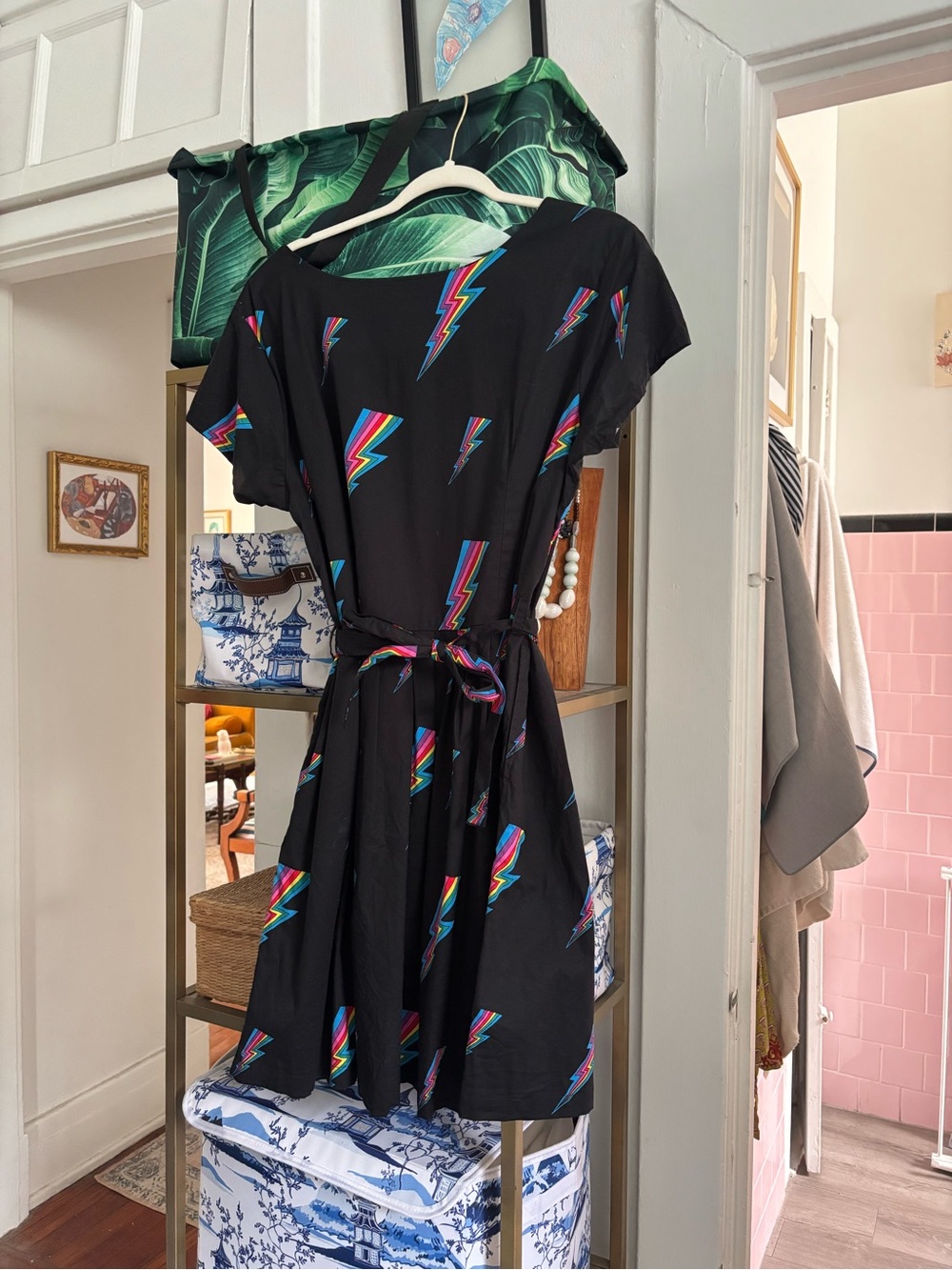 Black Mini Dress with Multicolor Lightning Bolt Print
